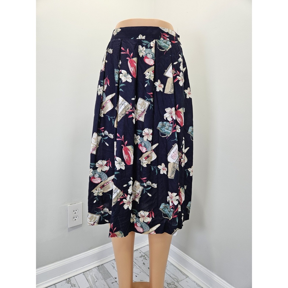 Koret Petites Vintage Navy Rayon Novelty Travel Print Pleated Midi Skirt 12P